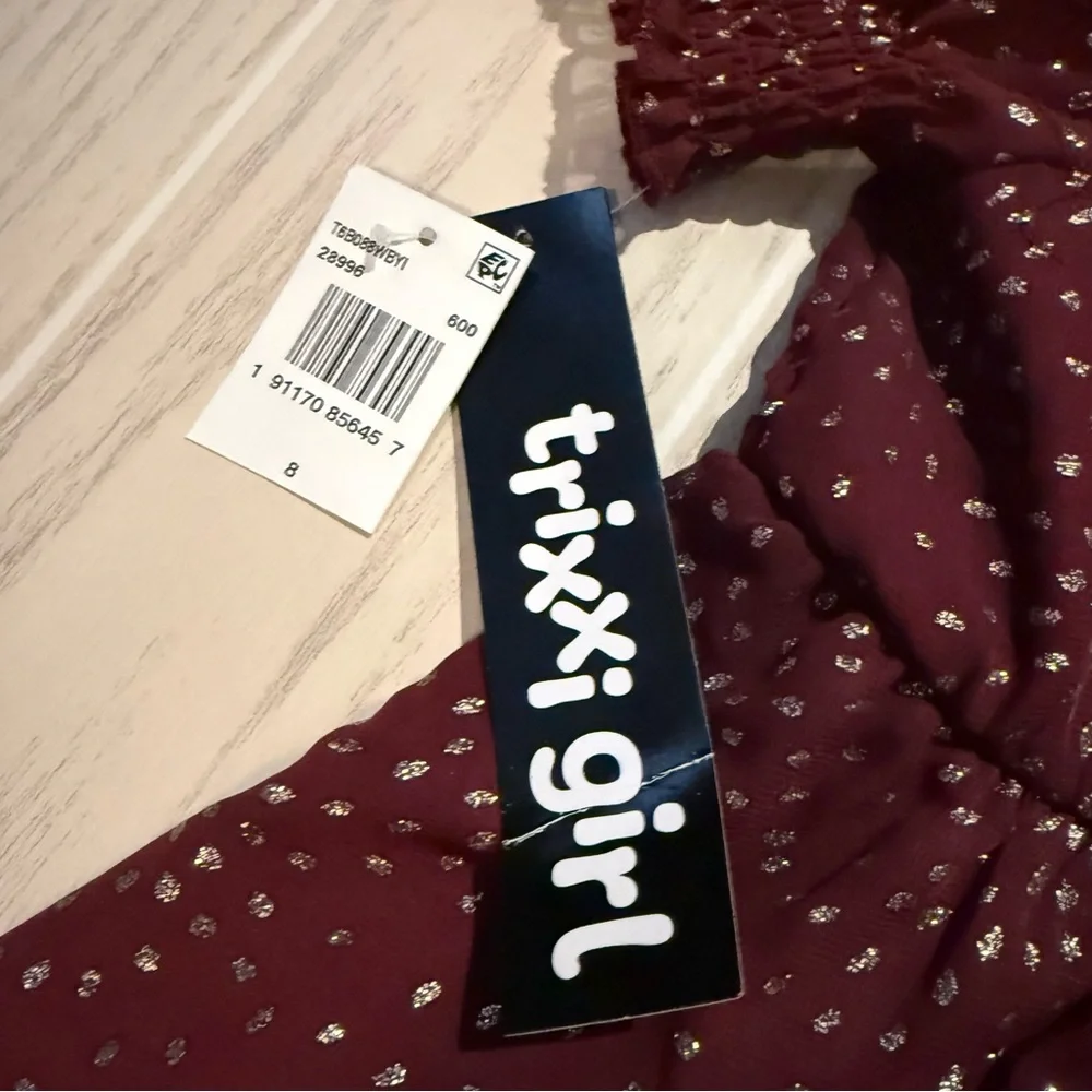 Trixxi‎ Girl Burgundy Gold Dot Party Dress Size 8 Puff Sleeve Holiday NEW